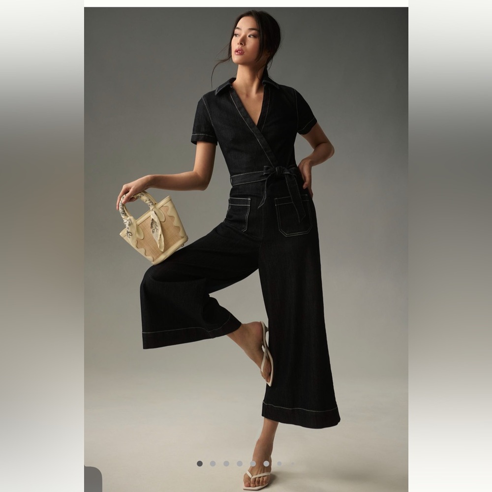 Maeve Black Wide-Leg Wrap Jumpsuit with Contrast Stitching